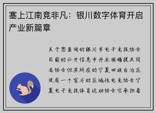 塞上江南竞非凡：银川数字体育开启产业新篇章
